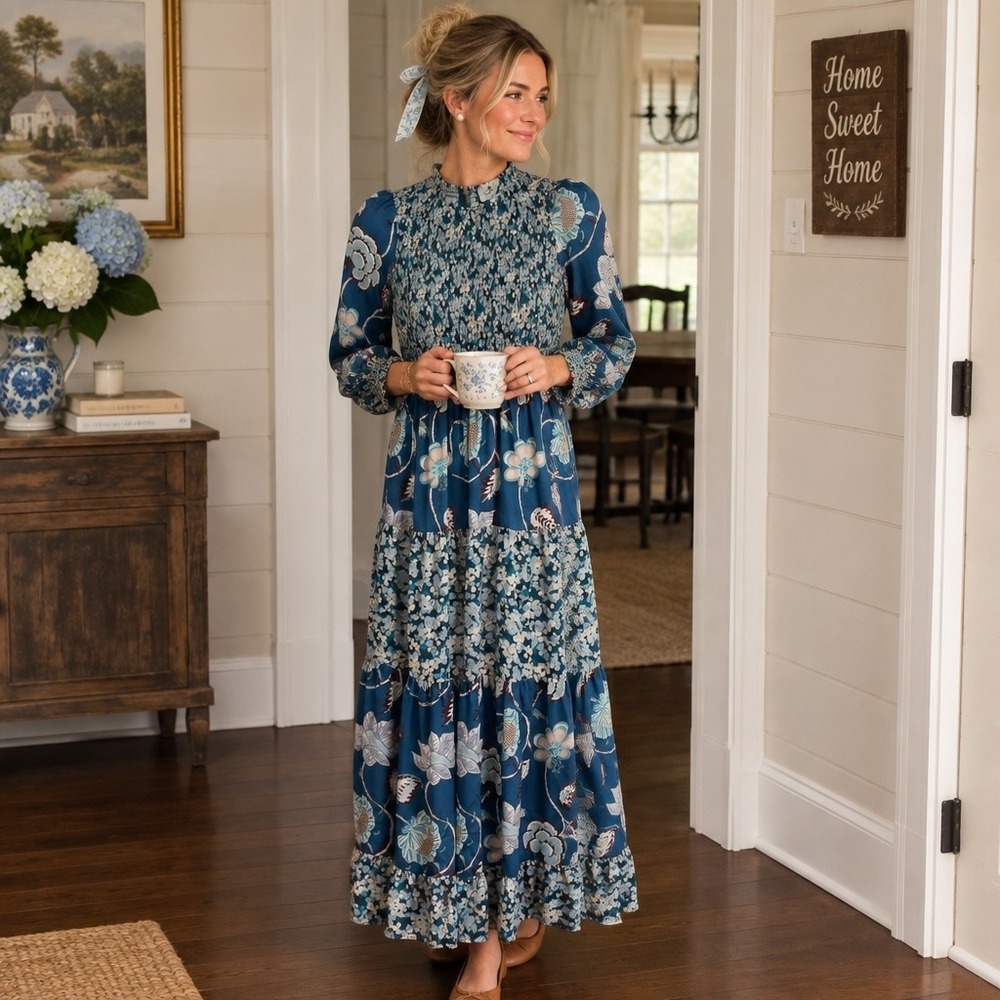 Tuckernuck Blue Floral Smocked Bodice Tiered Maxi Dress Long Sleeve XS